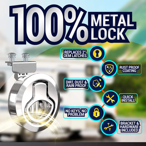 Durable chrome hatch latches, a 2 pack flush mount slam latch set for RVs and boats with rust-proof metal and hardware package