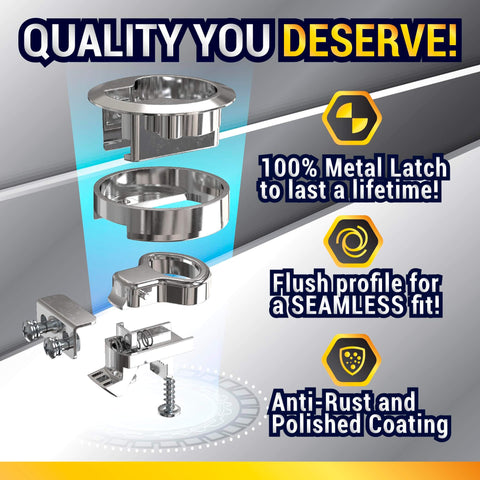 Durable chrome hatch latches, a 2 pack flush mount slam latch set for RVs and boats, highlighting metal components and features
