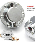 Adjustable 1 to 5 PSI fuel pressure regulator with chrome finish, manual dial control, universal fit for carburetors and small engines.