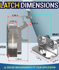 Durable chrome hatch latches, a 2 pack flush mount slam latch set for RVs and boats, shown side view with bracket dimensions