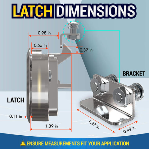 Durable chrome hatch latches, a 2 pack flush mount slam latch set for RVs and boats, shown side view with bracket dimensions