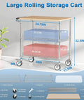 Heavy Duty Rolling Kitchen Cart With Wheels, 34 Inch L By 17.5 Inch W, 3 Tier Utility Cart With Wood Top, Workhorse NSF Certified Commercial Chrome Serving Cart With Handle And Shelf Liner, Ideal For Kitchen Prep, Catering, And Mobile Storage, dimensions labeled