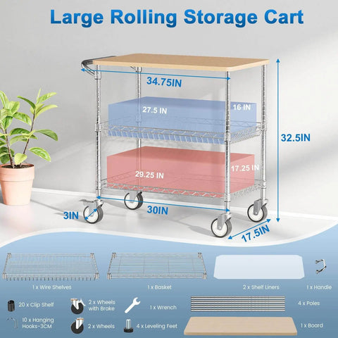 Heavy Duty Rolling Kitchen Cart With Wheels, 34 Inch L By 17.5 Inch W, 3 Tier Utility Cart With Wood Top, Workhorse NSF Certified Commercial Chrome Serving Cart With Handle And Shelf Liner, Ideal For Kitchen Prep, Catering, And Mobile Storage, dimensions labeled