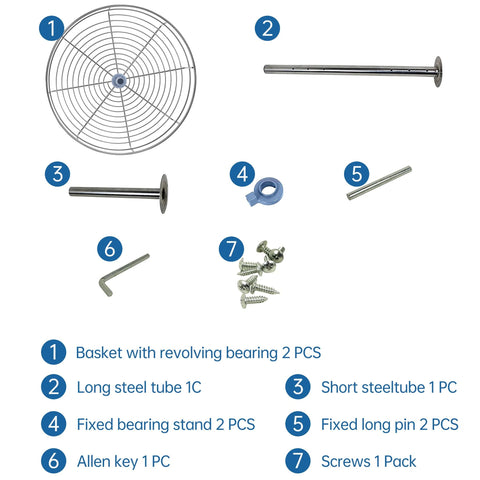 Assembly parts for Chrome Corner Lazy Susan for Upper Cabinets, including trays, steel tubes, screws, and Allen key.