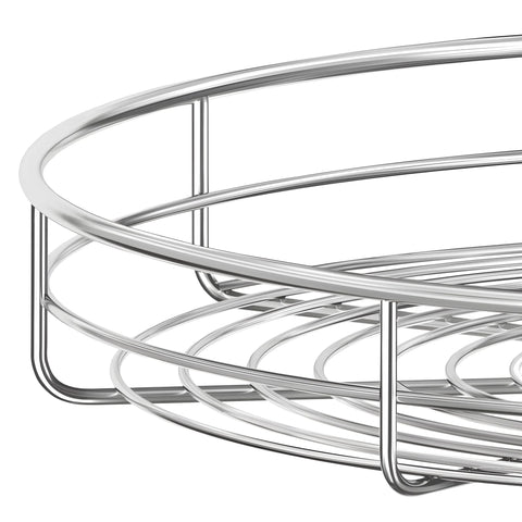 Close-up of chrome corner lazy susan for upper cabinets, full circle rotating rack for cabinets over 23 inches.
