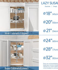 Chrome Corner Lazy Susan for Upper Cabinets displayed in diagram with dimensions for various cabinet sizes.
