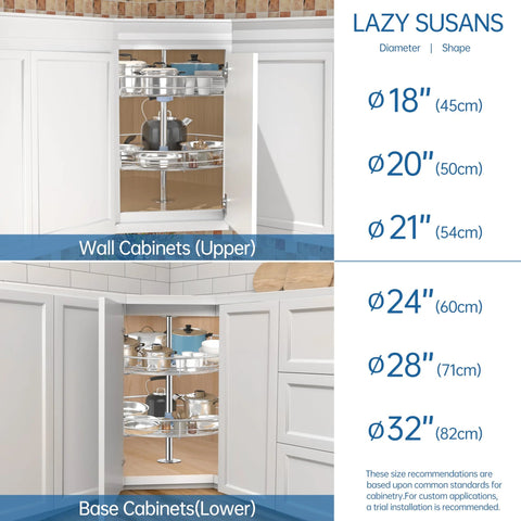 Chrome Corner Lazy Susan for Upper Cabinets displayed in diagram with dimensions for various cabinet sizes.