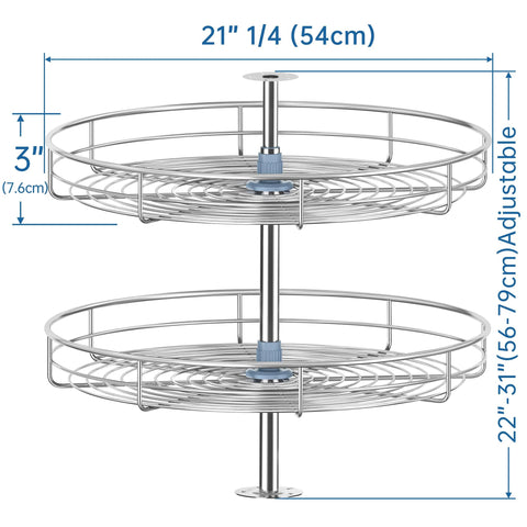 Chrome Corner Lazy Susan for Upper Cabinets, full circle rotating rack, 21¼ inch square trays, telescoping post 22-31 inches adjustable