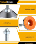 Rock Solid Heavy Duty Adjustable Leveling Feet with base and M8 thread, chrome-plated carbon steel, anti-slip pad, 4 pack details.