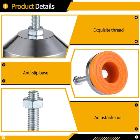 Rock Solid Heavy Duty Adjustable Leveling Feet with base and M8 thread, chrome-plated carbon steel, anti-slip pad, 4 pack details.