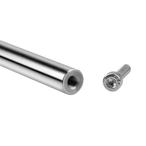 Close-up of 12mm chrome plated linear rod with M6 threaded end, bolt beside. Part of 12mm Chrome Plated Linear Rods 300mm Long product.