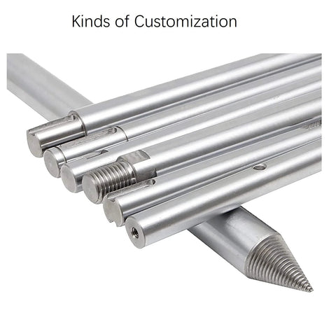 Various types of metal rods showcasing customization options with different end designs and threading, aligned in a fan layout.