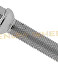 Close-up of a single 10 Pc 12x1.5 Ball Chrome Lug Bolt, featuring a 55mm shank and 17mm hex, designed to fit Mercedes Benz wheels.