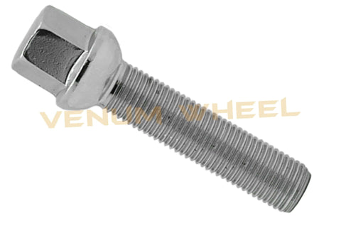 Close-up of a single 10 Pc 12x1.5 Ball Chrome Lug Bolt, featuring a 55mm shank and 17mm hex, designed to fit Mercedes Benz wheels.