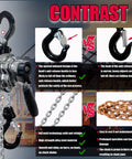 Comparison chart highlighting the features of the Half Ton Chrome Mini Lever Block Come Along Hoist 1100 Lbs 10 Ft Chain G80 Steel Chain With Swivel Hook