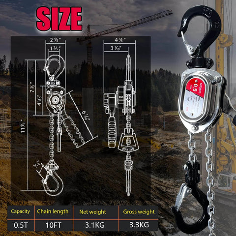 Half Ton Chrome Mini Lever Block Come Along Hoist 1100 Lbs 10 Ft Chain G80 Steel Chain With Swivel Hook, size and specifications