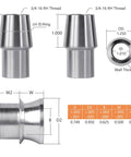 Diagram of tube adapters and spacers for 3/4 Heim Joint Rod End Kit with Right and Left Hand Threads, showing dimensions and thread sizes.