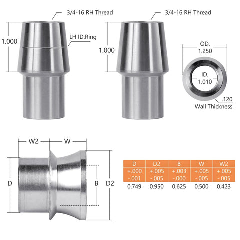 Diagram of tube adapters and spacers for 3/4 Heim Joint Rod End Kit with Right and Left Hand Threads, showing dimensions and thread sizes.