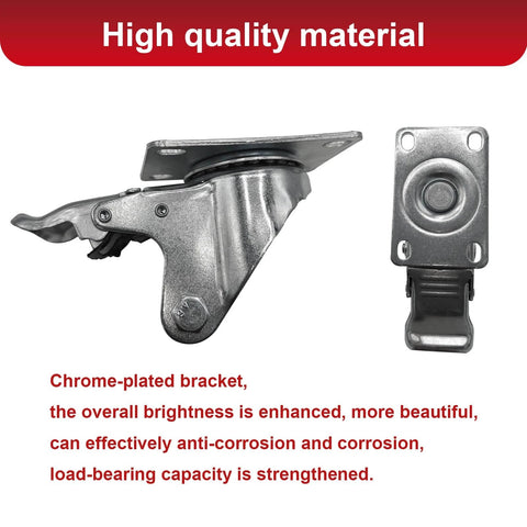 Close-up of chrome-plated bracket from 8 piece 4 inch heavy duty locking swivel casters with brakes for carts and workbenches.