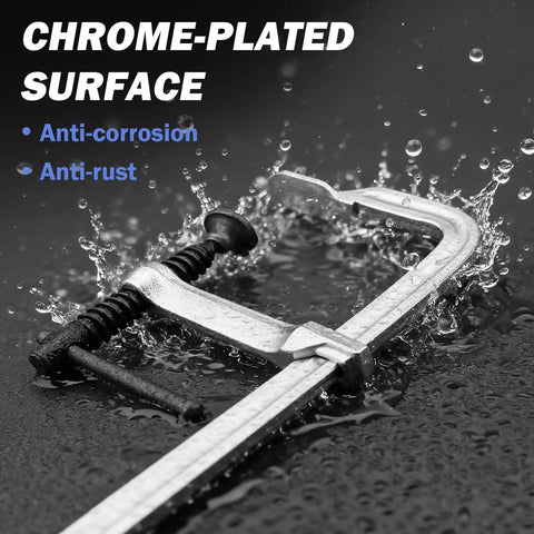 Close-up of chrome-plated F clamp with anti-corrosion features from Four Pack 12 Inch Light-Duty F Clamps With Drop Forged Steel.