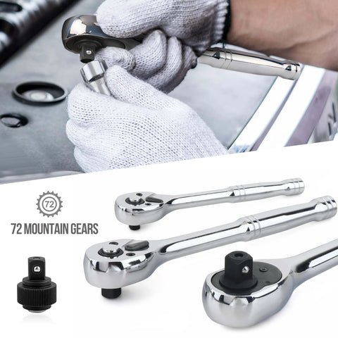 Beefy Garage-Ready Mechanic Tool Set With Case 145-Piece Socket Kit With ratchets and gears shown in detail