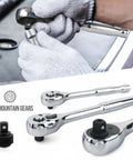 Close-up of Mechanic's Socket Tool Set With Case, SAE and Metric Sizes, 201-Piece showing ratchet handle detail.