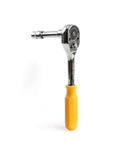 Yellow-handled ratchet from 228 Piece Socket Wrench Auto Repair Tool Set With Mixed Hand Tools In Durable Plastic Toolbox Storage Case Chrome Finish Heavy Duty Build Workhorse For DIY Home Projects And Automotive Repairs Meets ANSI Standards.