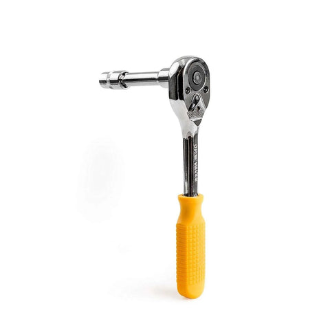Yellow-handled ratchet from 228 Piece Socket Wrench Auto Repair Tool Set With Mixed Hand Tools In Durable Plastic Toolbox Storage Case Chrome Finish Heavy Duty Build Workhorse For DIY Home Projects And Automotive Repairs Meets ANSI Standards.
