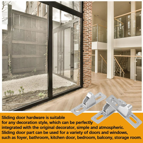 4 Piece Sliding Door Keeper Locks Set With Mounting Screws For Glass Patio Doors And Gates, chrome latches displayed.
