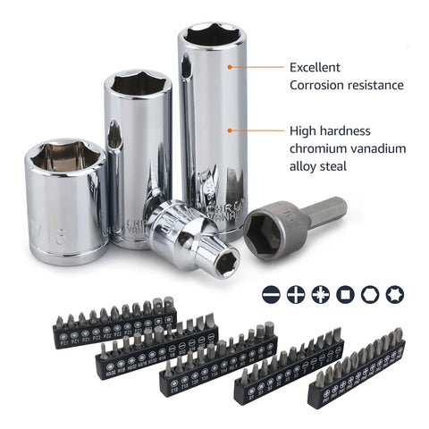 Mechanic's Socket Tool Set With Case, SAE and Metric Sizes, 201-Piece showing chrome-vanadium sockets and bits