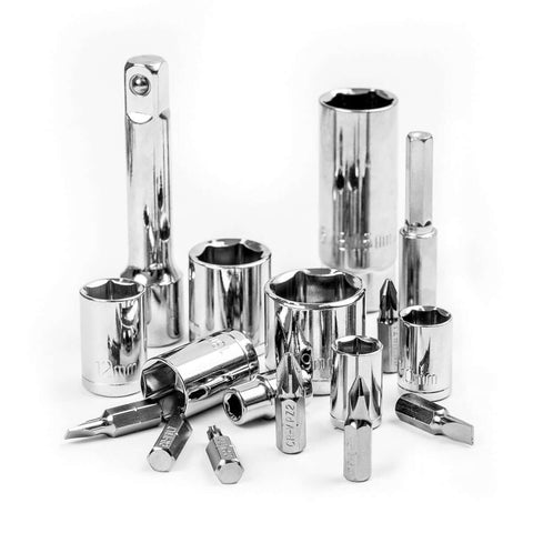 Close-up of 228 Piece Socket Wrench Auto Repair Tool Set With Mixed Hand Tools In Durable Plastic Toolbox Storage Case Chrome Finish