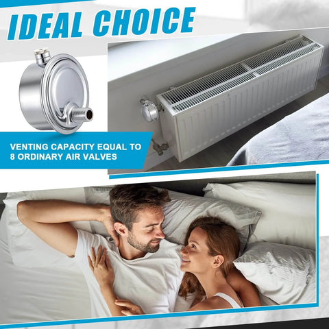 Six Pack Steam Radiator Air Valve One Eighth Inch Steam Air Vent Angle Mount Heat Regulator Valve Copper Chrome Plated installed on radiator with a couple in bed nearby