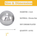 Chrome steel ball, 1 inch diameter, not chrome plated, pack of 10, shown with size and material details.