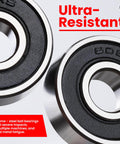 Close-up of Pack of 12 608-2RS sealed ball bearings 8x22x7mm in steel with bold text Ultra-Resistant