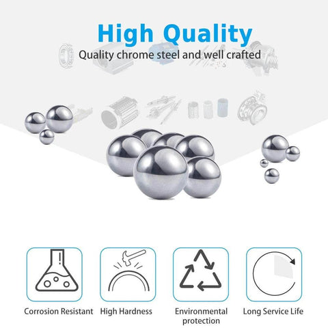 High-quality chrome steel balls for durability and corrosion resistance, highlighting sustainability with icons for environmental protection