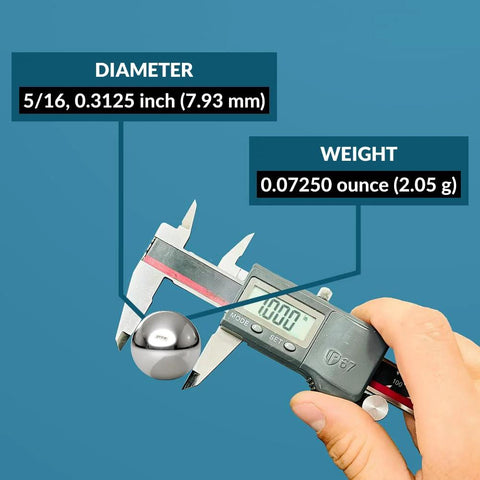 Person measuring chrome steel bearing ball with caliper; diameter and weight shown; Precision Chrome Steel Bearing Balls Five Sixteenth Inch G25 Set Of 100 Pieces For Machinery And Bearings ISO 9001 2008 Certified High Durability And Low Maintenance For Reduced Replacement Costs 0.3125 Inch Diameter