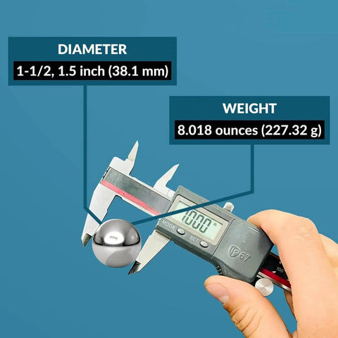 Hand holding caliper measuring G25 Precision Chrome Steel Bearing Balls, 1-1/2 Inch Diameter, 38.1 mm, weight 8.018 oz