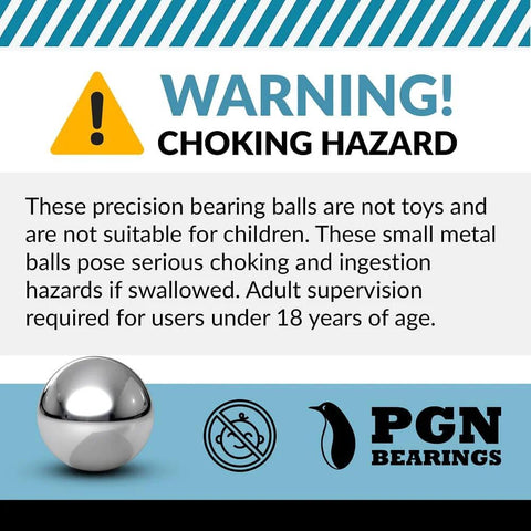 G25 Precision Chrome Steel Bearing Balls, 1-1/2 Inch Diameter, 2 Pieces, ISO 9001 Certified, choking hazard warning sign.