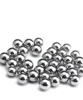 Pile of One Quarter Inch Chrome Steel Bearing Balls G25 Precision 100 Pcs High Hardness Wear Resistant Durable on white background.