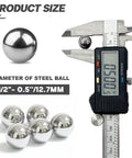 200 Pieces Half Inch Chrome Steel Bearing Balls Kit with caliper showing 12.7mm diameter for precision machinery and robotics use