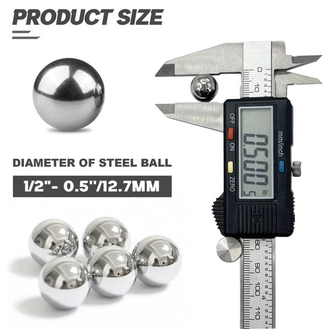 200 Pieces Half Inch Chrome Steel Bearing Balls Kit with caliper showing 12.7mm diameter for precision machinery and robotics use