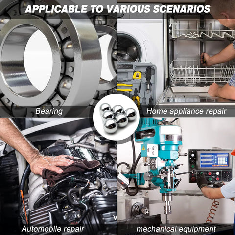 Image showing uses of 100 Pieces Chrome Steel Bearing Balls 16mm Five Eighths Inch Pro Grade G25 in machinery and home projects.