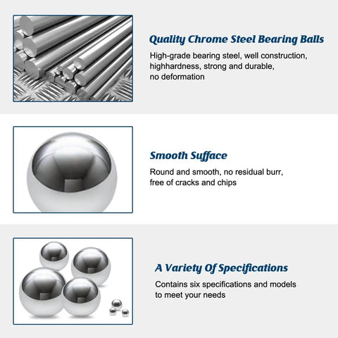 Quality chrome 610 Piece Ball Bearings Set Loose Steel Bearings In Six Sizes for smooth rotation and various projects.