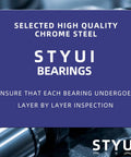 STYUI bearings quality inspection message with chrome steel background, emphasizing durability and precision.