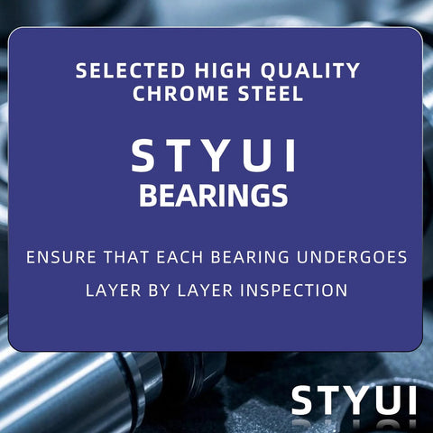 STYUI bearings quality inspection message with chrome steel background, emphasizing durability and precision.