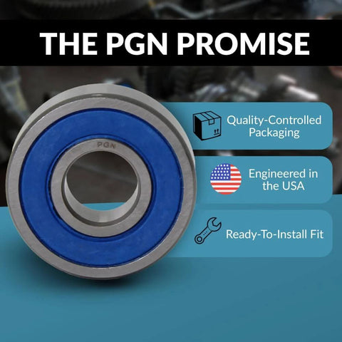 Close-up of 6205-2RS Bearing with blue rubber seal, chrome steel, showing packaging and USA engineering details