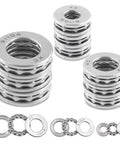Beefy Nine Piece Chrome Steel Thrust Ball Bearings Set With Multiple Bore Sizes For Oven Turntables And Pumps, front view