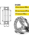 Diagram and photo of Premium Chrome Steel Thrust Ball Bearing Set For Machinery And Hobby Projects 25mm Bore 47mm Outer Diameter 15mm Width ABEC3 Single Row 51205