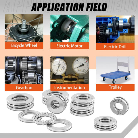 Beefy Nine Piece Chrome Steel Thrust Ball Bearings Set With Multiple Bore Sizes For Oven Turntables And Pumps, application examples shown