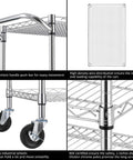 Heavy Duty Commercial Grade Utility Cart With Three Tiers And Handle Bar Steel Wire Rolling Cart With Wheels For Kitchen Workshop Or Food Storage NSF Listed Durable Plant Display Shelf Trolley Finnhomy, close-up of wheels and chrome wire shelf